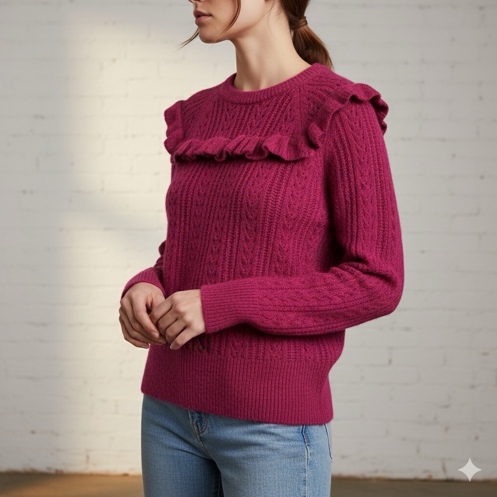 Ruffle Eyelet Knit Greylin Magenta Fuchsia Crew Neck Sweater Size L Large